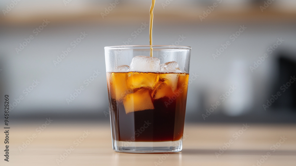 black cold brew drink poured into glass with ice cubes kitchen background black cold brew drink poured into glass with ice cubes kitchen background