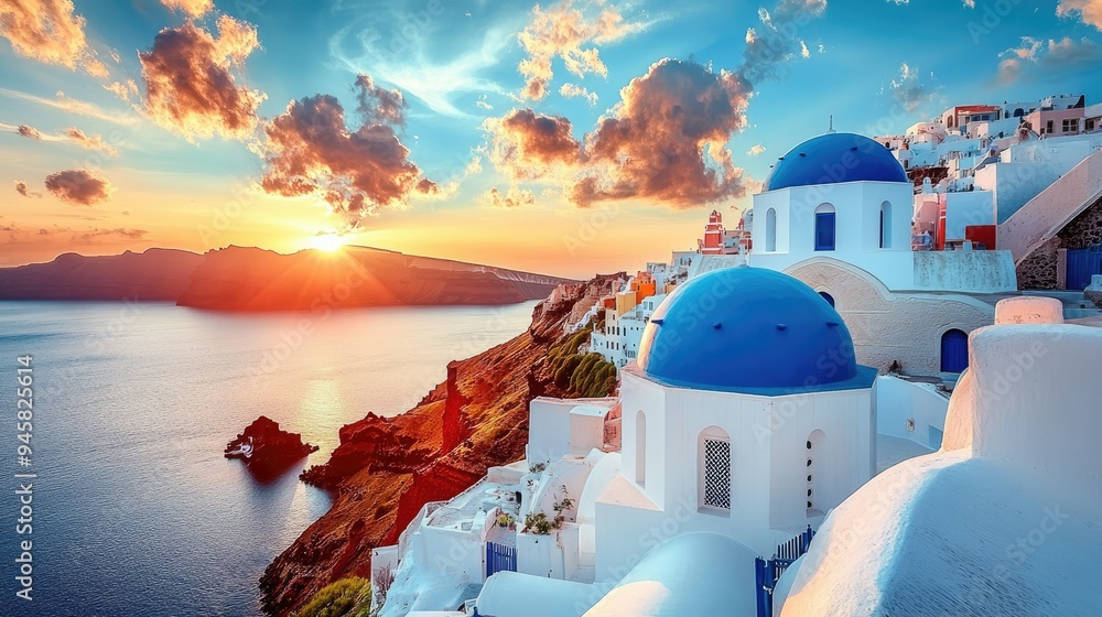 Obraz premium A stunning view of Santorini white architecture and blue domes, set against a backdrop of a vivid sunset, capturing the island's unique beauty.