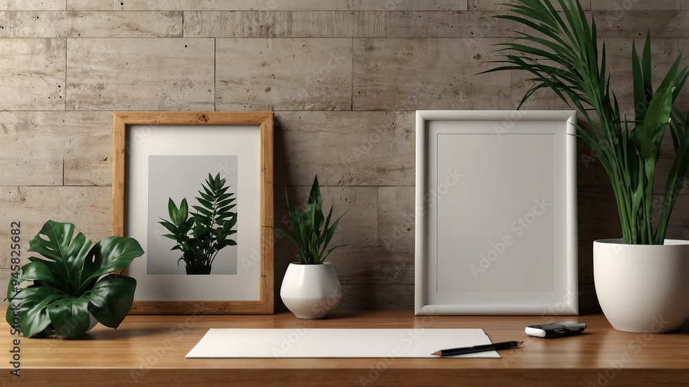 A mockup of a blank photo frame sitting on a wood table A mockup of a blank photo frame sitting on a wood table