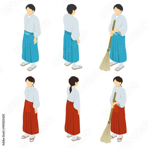 アイソメトリックイラスト：神主と巫女