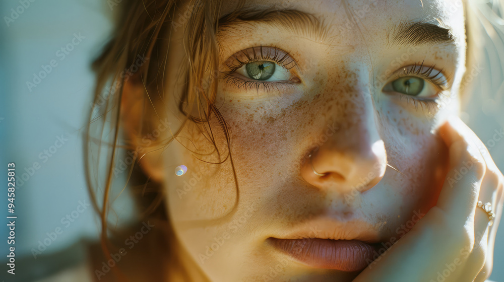 close up photograph of the beautiful model with green eyes , freckles face , light make up good for skin care advertisement.. close up photograph of the beautiful model with green eyes , freckles face , light make up good for skin care advertisement..