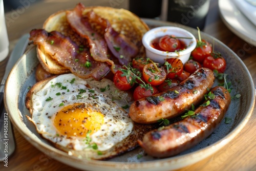 Traditional English breakfast with eggs, bacon, sausage, and tomatoes