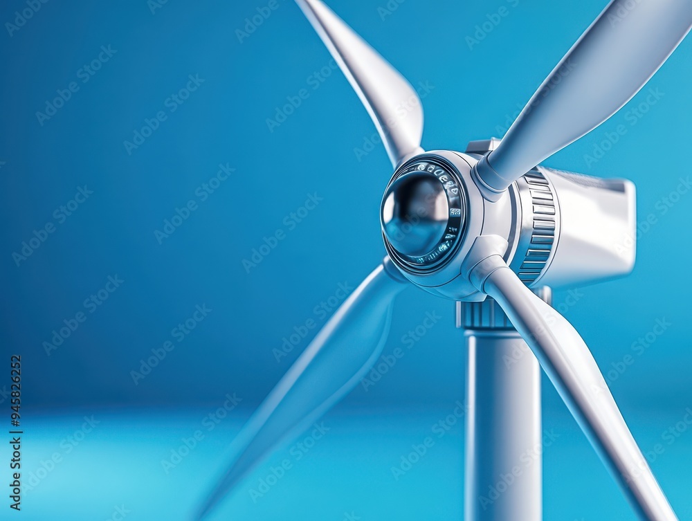 Close-up of a white wind turbine against a blue background, symbolizing renewable energy and sustainability. Close-up of a white wind turbine against a blue background, symbolizing renewable energy and sustainability.