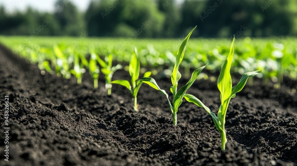 Early morning sun shines on corn plants, growing on a farm Early morning sun shines on corn plants, growing on a farm
