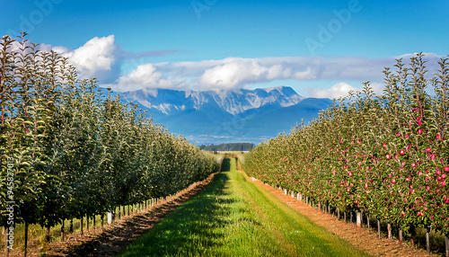 A boundless field of apple orchard with ripe apples and blue sky an wallpaper