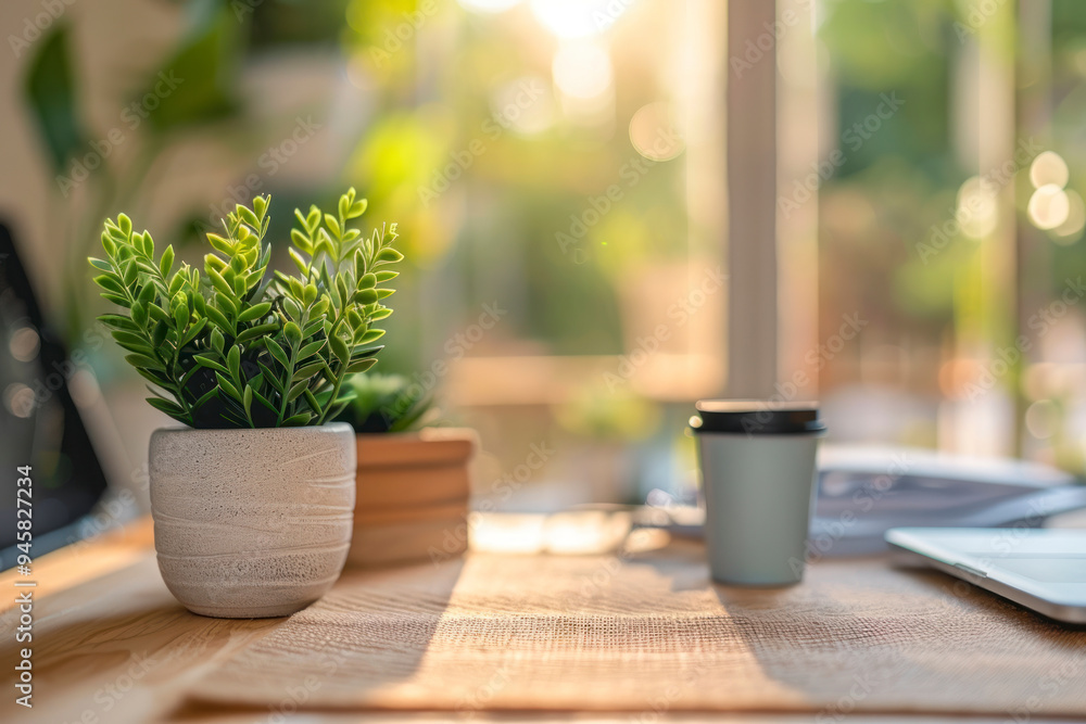 Fototapeta premium Workspace with potted plants and inspirational quotes on a light wood texture background.