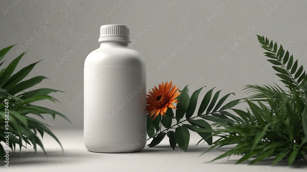 A mockup of a blank supplement bottle sitting on a clean white background with plants behind, minimal setting A mockup of a blank supplement bottle sitting on a clean white background with plants behind, minimal setting