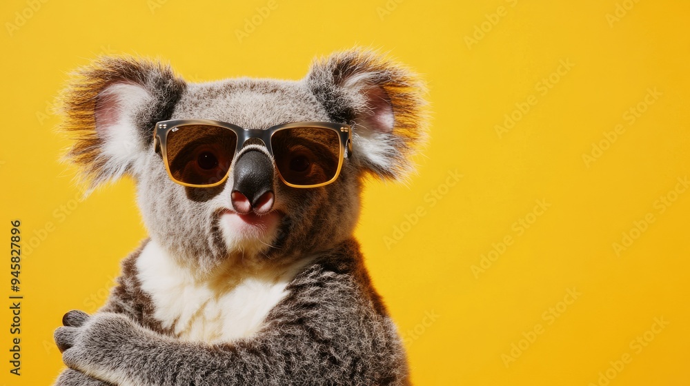 Adorable koala wearing sunglasses, striking a playful pose against a bright yellow background, full of personality. Adorable koala wearing sunglasses, striking a playful pose against a bright yellow background, full of personality.