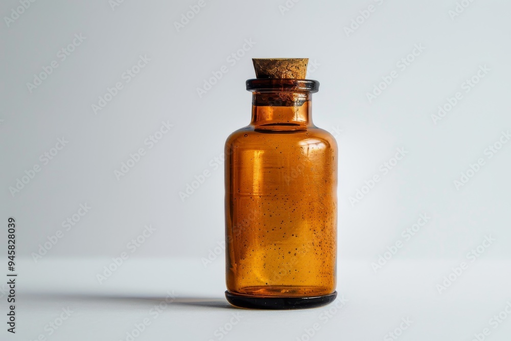 Amber glass bottle with cork sitting on a white background Amber glass bottle with cork sitting on a white background