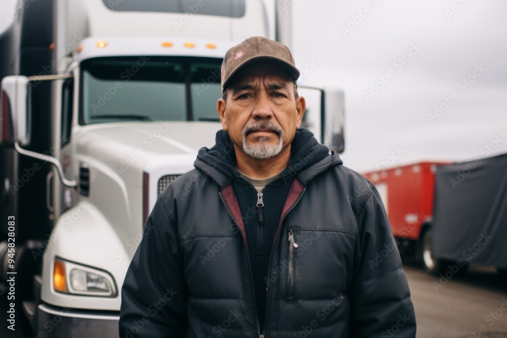 Portrait of a middle aged body positive Hispanic truck driver Portrait of a middle aged body positive Hispanic truck driver