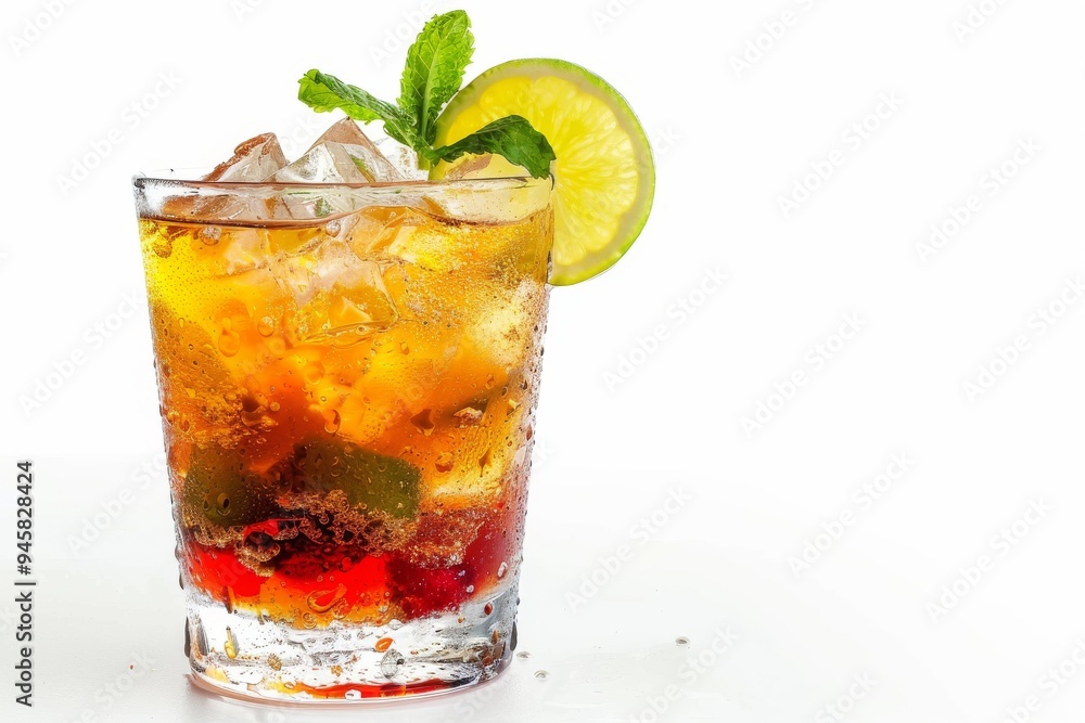 A refreshing cocktail with lime and mint served in a glass A refreshing cocktail with lime and mint served in a glass