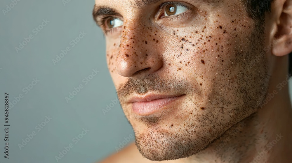 Close-up Portrait of a Man with Birthmarks on His Skin Against a Grey Background, Showing Facial Features and Skin Texture Close-up Portrait of a Man with Birthmarks on His Skin Against a Grey Background, Showing Facial Features and Skin Texture