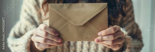 A woman's hands gently hold a brown envelope, symbolizing anticipation, a secret message, a heartfelt gesture, a delivery of news, and the importance of communication.