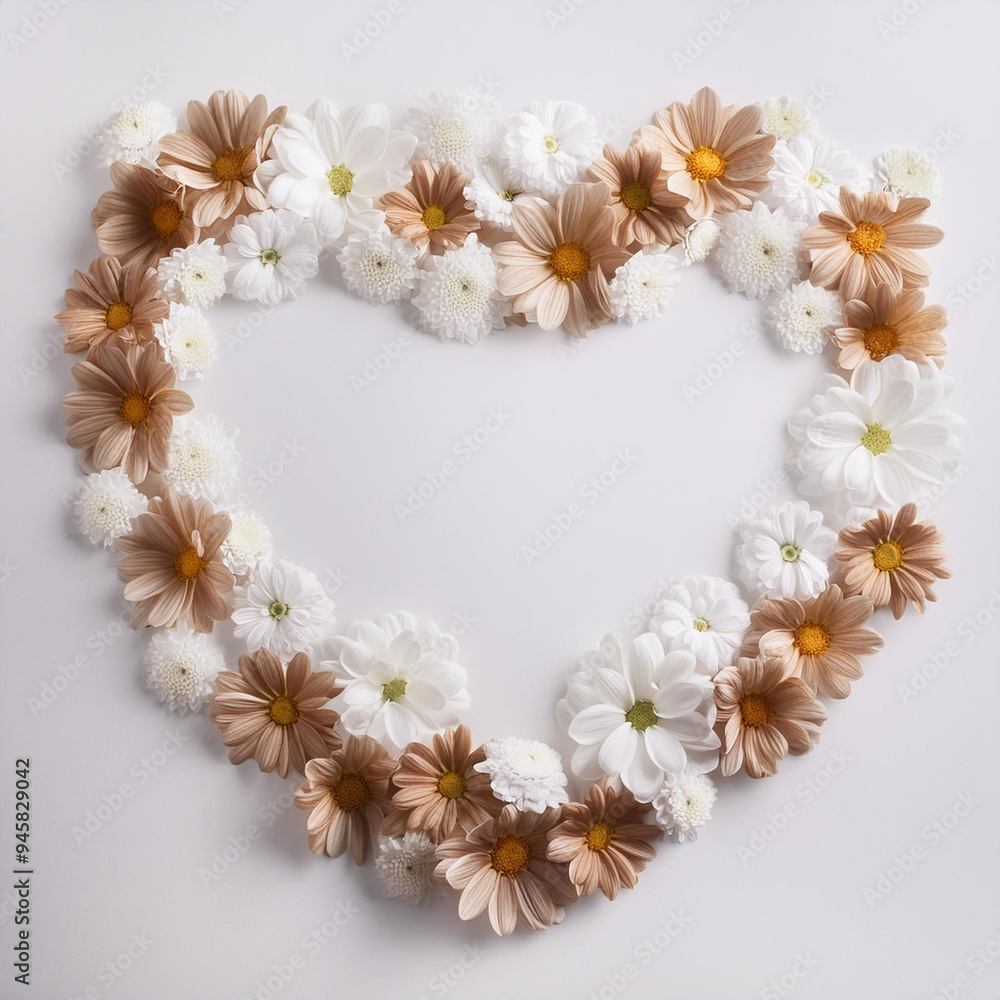 Heart shape floral arrangement, mix of white, beige, brown flowers. Romantic themes, celebrations Heart shape floral arrangement, mix of white, beige, brown flowers. Romantic themes, celebrations