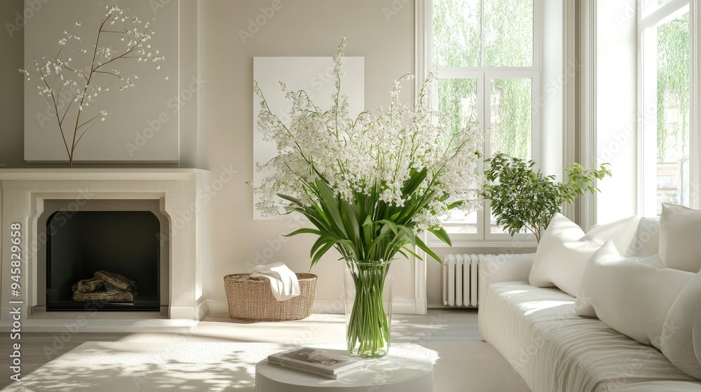 Fototapeta premium Beautiful living room featuring a vase of fresh Lily of the Valley blooms, enhancing the decor.