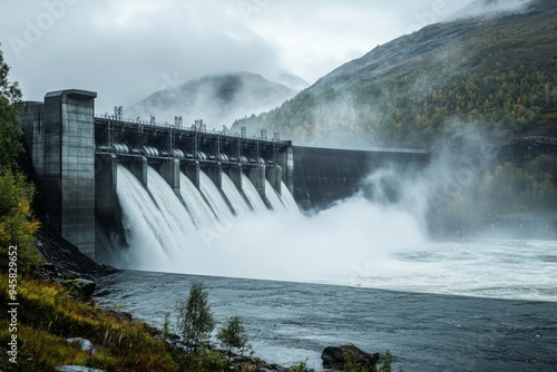 Power generation by hydropower plant, natural resources, environment, water turbine, clean energy, Hydropower plant from downstream water supply