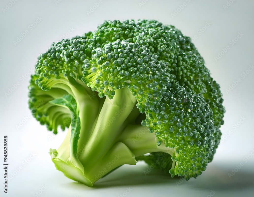 A close-up of a fresh green broccoli floret, focusing on its intricate texture, displayed on a white background A close-up of a fresh green broccoli floret, focusing on its intricate texture, displayed on a white background