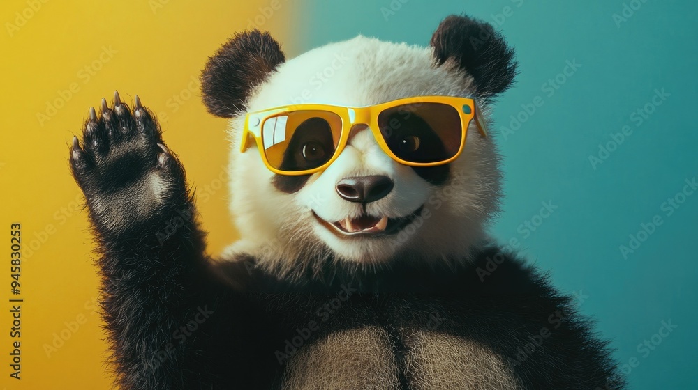 Fototapeta premium Big panda with a trendy look, wearing yellow sunglasses and waving, exuding confidence and flair.