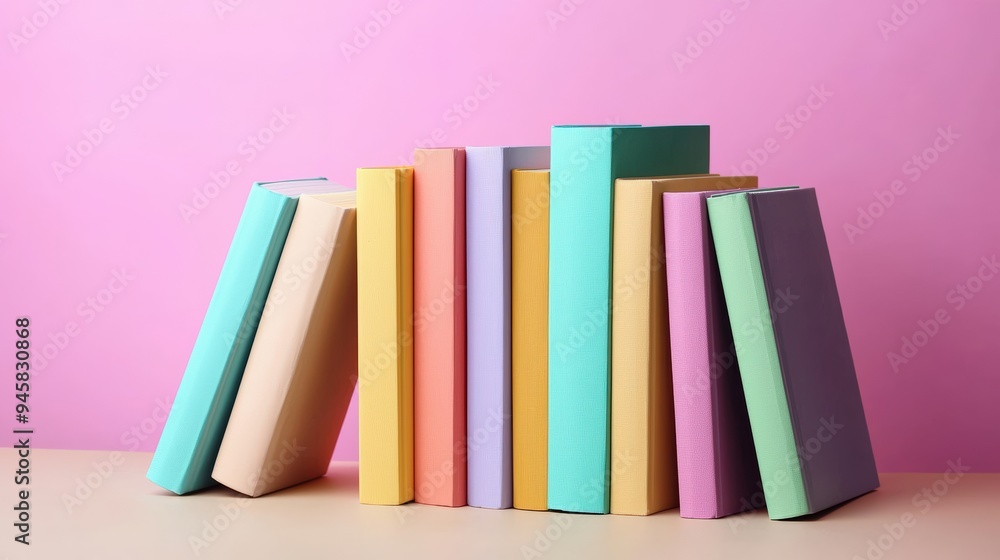 Colorful Books Arranged in a Row on a Beige Table Against a Pink Background, a Visual Representation of Knowledge and Imagination Colorful Books Arranged in a Row on a Beige Table Against a Pink Background, a Visual Representation of Knowledge and Imagination