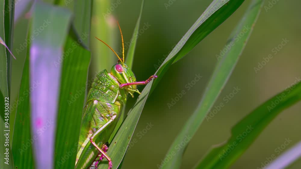 Grasshopper sitting on leaf touching the antenna with the nature sound Grasshopper sitting on leaf touching the antenna with the nature sound