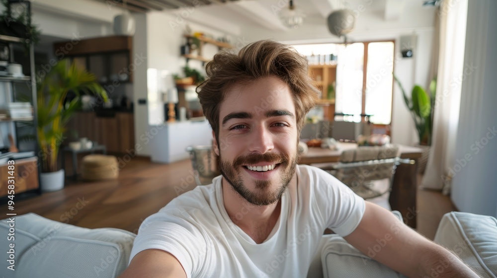 A young man with a beard and a white t-shirt smiles at the camera while taking a selfie in his living room. The image captures the joy of everyday life and the simple pleasures of being at home. A young man with a beard and a white t-shirt smiles at the camera while taking a selfie in his living room. The image captures the joy of everyday life and the simple pleasures of being at home.