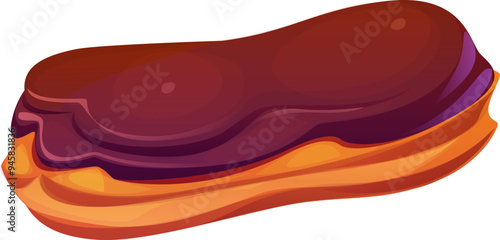 Cartoon eclair confectionery and sweet pastry. Vector classic French dessert made from choux dough, filled with rich cream and topped with chocolate icing. Luxurious treat with light airy texture