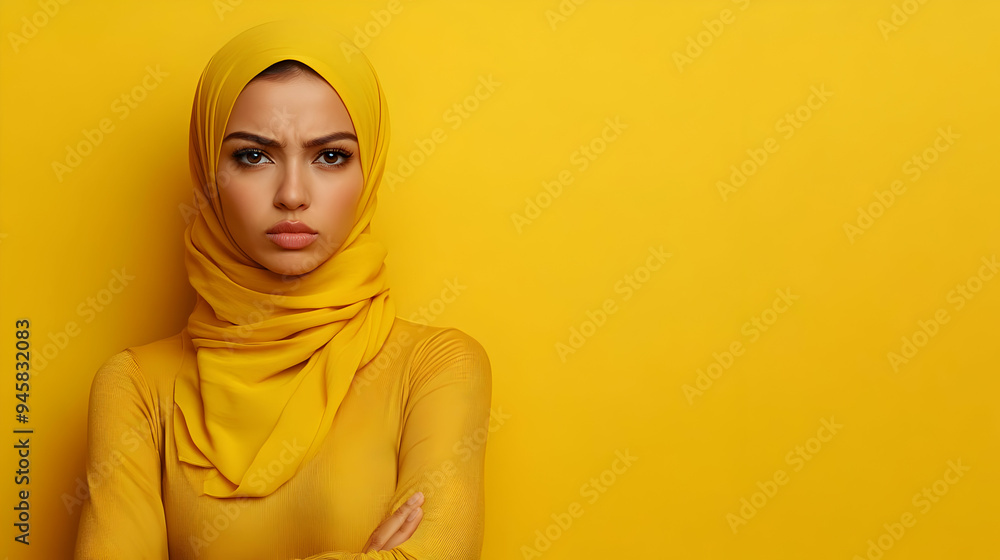 Woman in Yellow Headscarf with Serious Expression, Against a Bright Yellow Background: A Study of Color and Emotion. Woman in Yellow Headscarf with Serious Expression, Against a Bright Yellow Background: A Study of Color and Emotion.