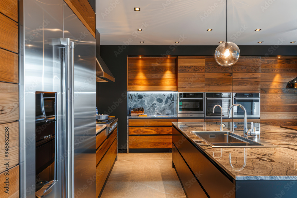 Modern kitchen interior with stainless steel appliances and marble countertops on a dark wood texture. Modern kitchen interior with stainless steel appliances and marble countertops on a dark wood texture.