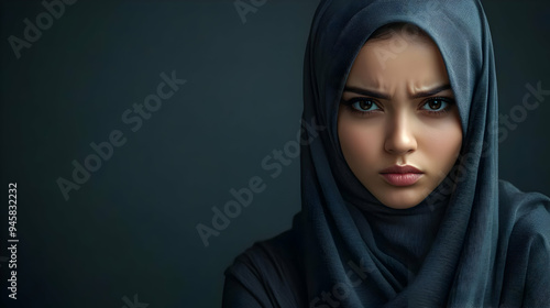 A Woman Wearing a Hijab Gazes Intently with a Serious Expression, Portrait Photography