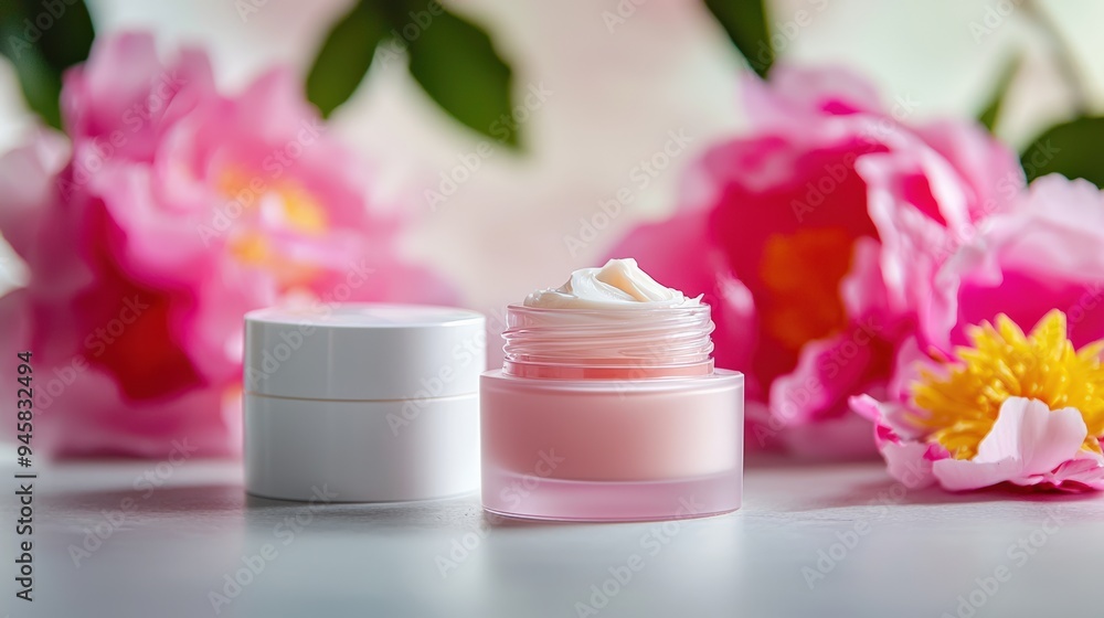 Jars of Cream and Peony Flowers, Representing the Beauty and Freshness of Natural Skincare Products. Jars of Cream and Peony Flowers, Representing the Beauty and Freshness of Natural Skincare Products.