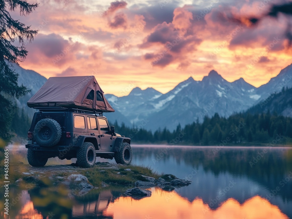 Fototapeta premium photo of a off-road vehicle with rooftop tent in the mountains 