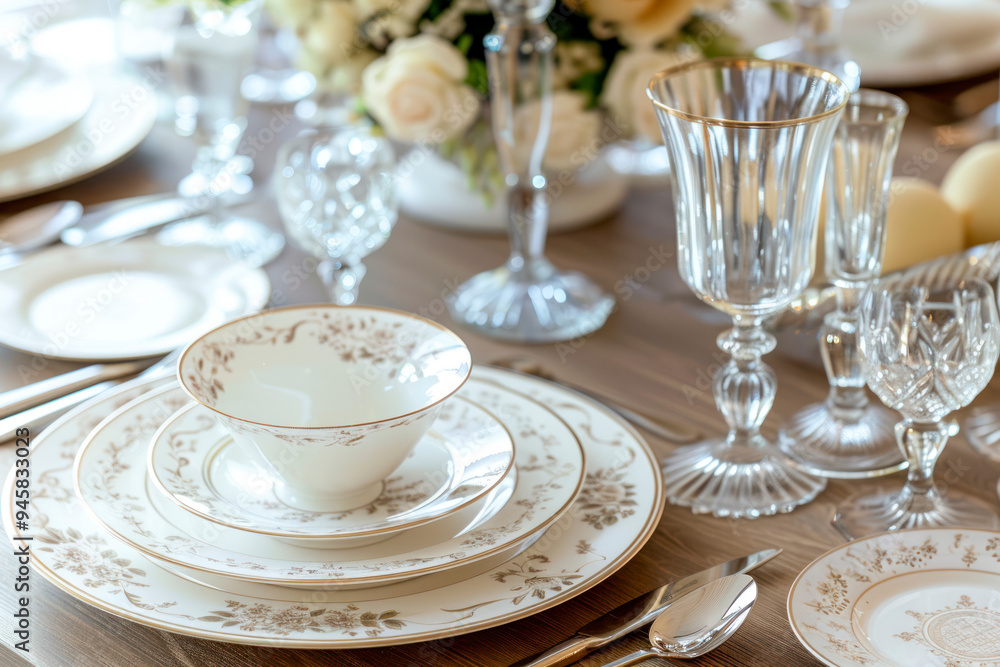 Elegant dining table setting with fine china and crystal glassware on a light wood texture background. Elegant dining table setting with fine china and crystal glassware on a light wood texture background.