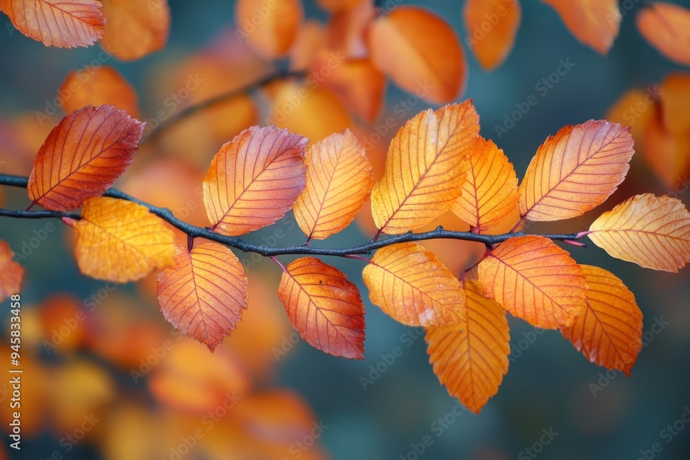 Golden autumn leaves on branch Golden autumn leaves on branch