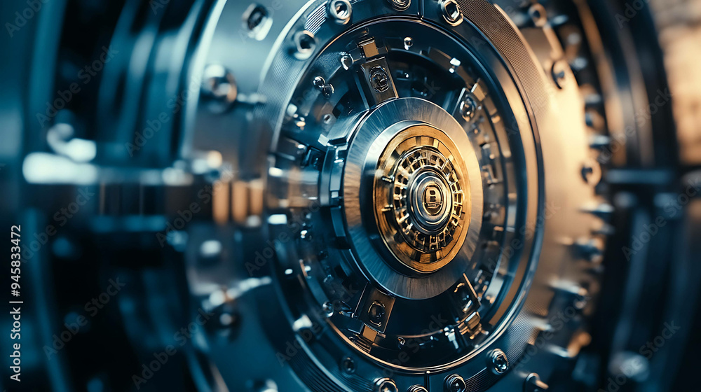 Close-up of a large, intricate bank vault door. Close-up of a large, intricate bank vault door.
