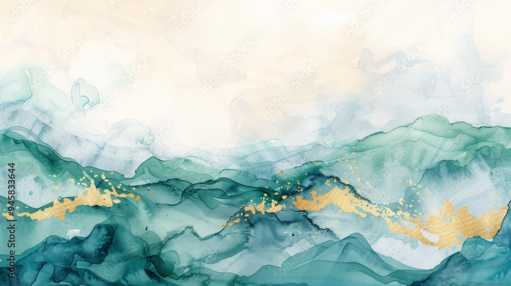 An abstract watercolor painting depicting a serene landscape of teal and blue hills, with touches of gold accents. The painting evokes a sense of tranquility, harmony, and the beauty of nature. An abstract watercolor painting depicting a serene landscape of teal and blue hills, with touches of gold accents. The painting evokes a sense of tranquility, harmony, and the beauty of nature.
