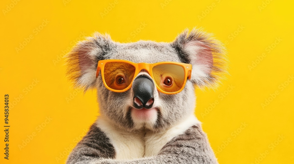 Charming koala in shades on a yellow background, capturing a mix of humor and cuteness in a bright, cheerful setting. Charming koala in shades on a yellow background, capturing a mix of humor and cuteness in a bright, cheerful setting.