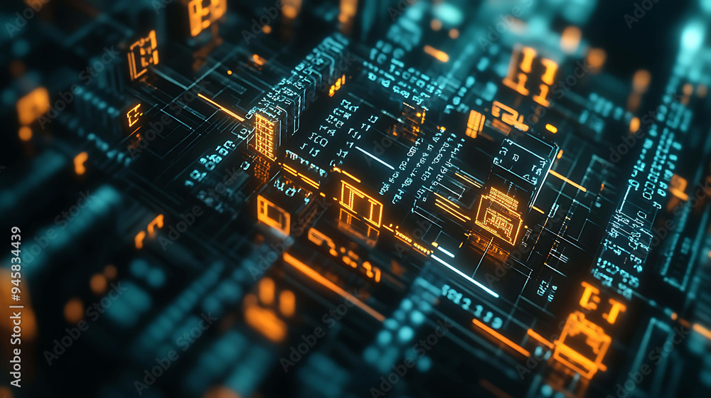 A close-up shot of a futuristic circuit board with glowing orange and blue lights. A close-up shot of a futuristic circuit board with glowing orange and blue lights.