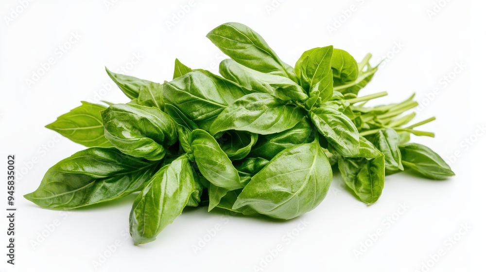 A bunch of fresh basil leaves, commonly used in cooking and garnishing. A bunch of fresh basil leaves, commonly used in cooking and garnishing.