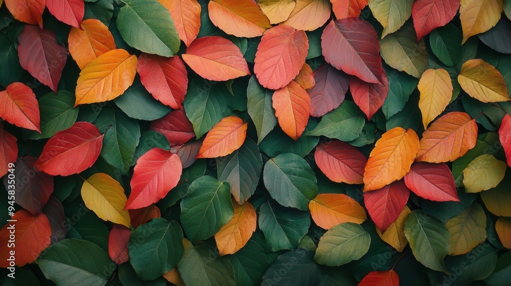 Colorful Autumn Leaves on Green Wall Texture Background - Top View Fall Foliage Pattern. AI generated illustration Colorful Autumn Leaves on Green Wall Texture Background - Top View Fall Foliage Pattern. AI generated illustration