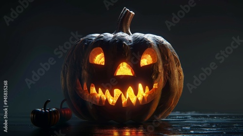 Orange scary and cute pumpkin on black background. Halloween concept, figure