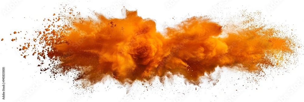 An orange powder explosion captured mid-air, isolated on a white background. This image symbolizes energy, dynamism, and creativity. It can be used for various purposes, such as graphic design, advert An orange powder explosion captured mid-air, isolated on a white background. This image symbolizes energy, dynamism, and creativity. It can be used for various purposes, such as graphic design, advert