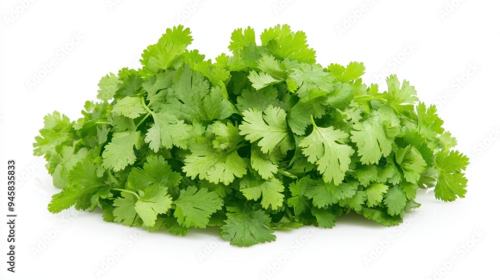 A bunch of fresh cilantro leaves arranged neatly. A bunch of fresh cilantro leaves arranged neatly.