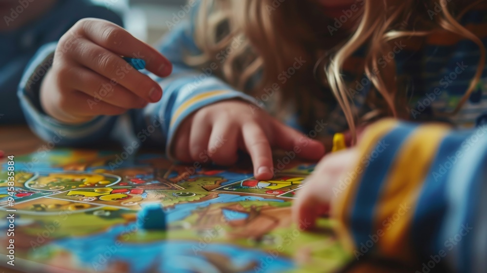 Fototapeta premium Children's hands focused on a board game, showcasing strategy, teamwork, and fun during a family game night.