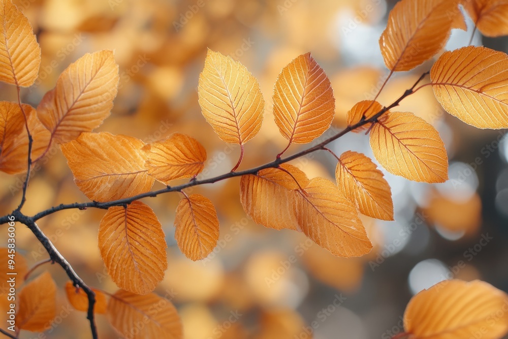 Golden autumn leaves on branch Golden autumn leaves on branch