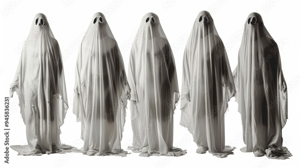 Five people in ghost costumes stand against a white background. They are all wearing white sheets and have their faces hidden. The image is perfect for Halloween decorations, party invitations, or spo Five people in ghost costumes stand against a white background. They are all wearing white sheets and have their faces hidden. The image is perfect for Halloween decorations, party invitations, or spo
