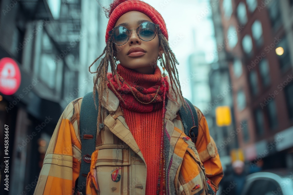 A gender-fluid individual confidently walking down a modern city street. Generative AI A gender-fluid individual confidently walking down a modern city street. Generative AI