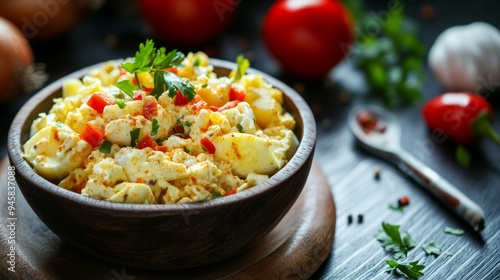 Handmade delicious deviled egg salad with olive oil. Food photography.