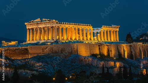 The Acropolis of Athens stands illuminated against the night sky, its majestic columns casting long shadows across the ancient city. This iconic landmark embodies the power and beauty of ancient Greek
