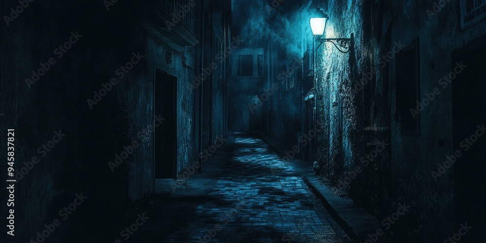 Dark, cobblestone alleyway lit by a single lamp. Dark, cobblestone alleyway lit by a single lamp.
