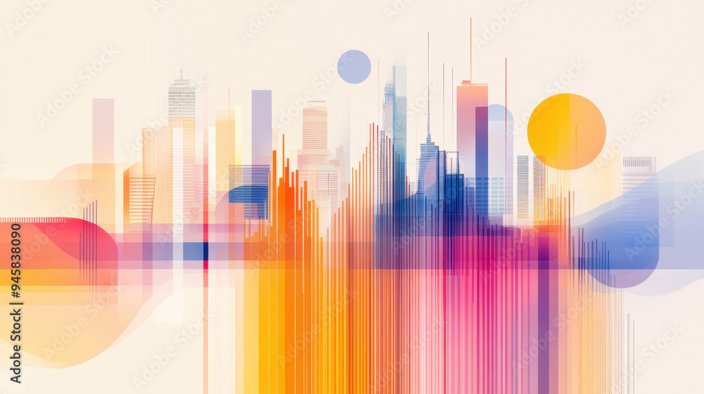 Abstract digital city skyline illustration with vibrant colors, smooth curves, and geometric shapes, creating a modern urban feel Abstract digital city skyline illustration with vibrant colors, smooth curves, and geometric shapes, creating a modern urban feel